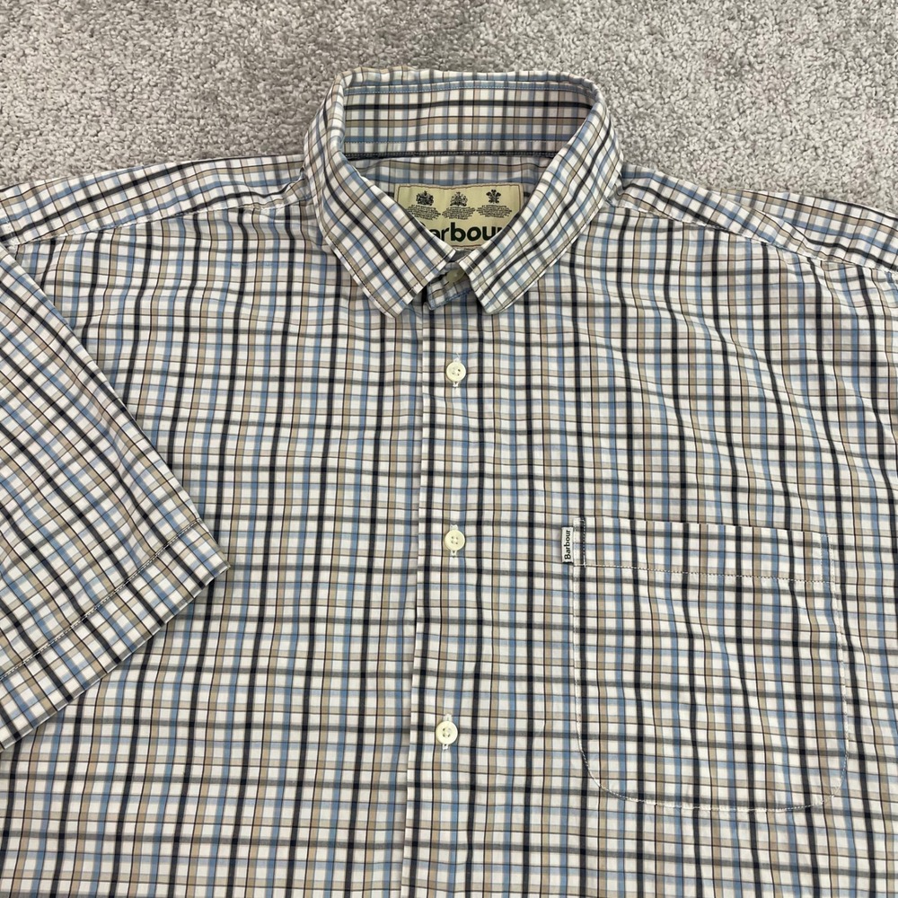 Barbour Shirt Mens Large Tattersall Check Blue Tan Short Sleeve Button Down Mens